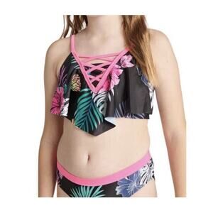 Justice Floral Swimsuit Tankini Multicolor Two‎ Piece Swimwear Size XL 14/16